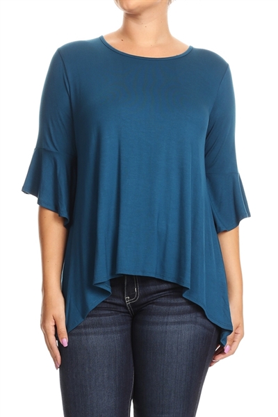 PLUS SIZE 3/4 BELL SLV HI-LOW TOP 4047X-DK-TEAL (6 PC)