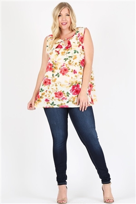 Plus Size Keyhole Sleeveless Floral print Top 4070FX-PEACH FUSHIA YELLOW (6 PC)