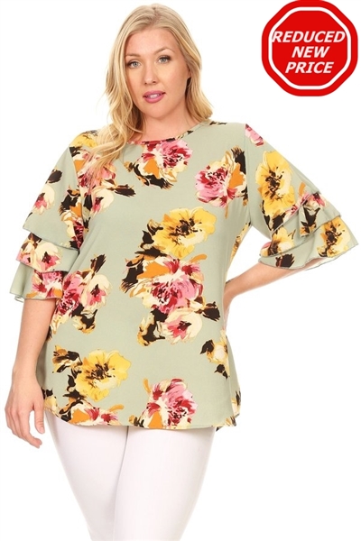 Plus Size Tiered Layered Sleeve Floral print Top 4073FX-SAGE-CORAL (6 PC)