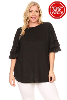 Plus Size Tiered Layered Sleeve Solid Top 4073X-Black(6 PC)