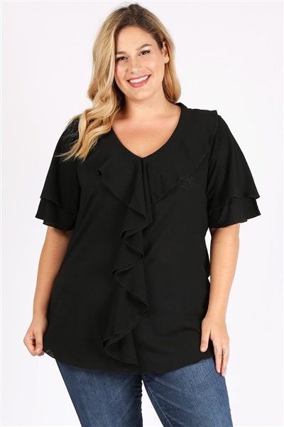 Plus Size Knit Solid Ruffle Top 4076X-Black(6 PC)