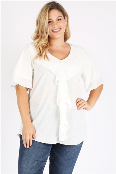 Plus Size Knit Solid Ruffle Top 4076X-White(6 PC)