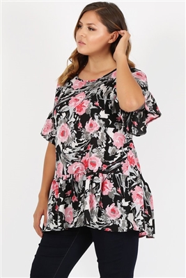 Plus Size Ruffle Floral Tunic Top 4079XF-BLACK PINK (6 PC)