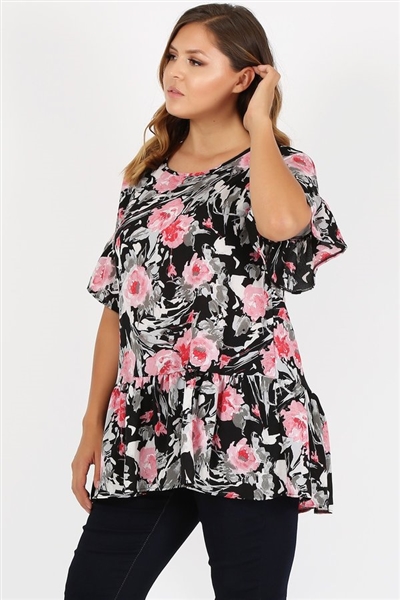 Plus Size Ruffle Floral Tunic Top 4079XF-BLACK PINK (6 PC)