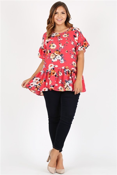 Plus Size Ruffle Floral Tunic Top 4079XF-CORAL RUST (6 PC)