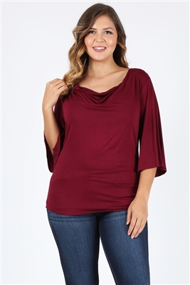 Plus Size 3/4 Sleeve Solid Top 4089-X-Burgundy-(6pc)