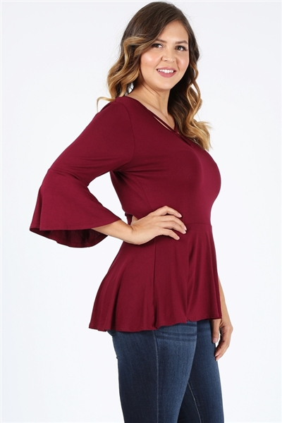 Plus Size Bell-Sleeves Top 4092-X-Burgundy-(6pc)