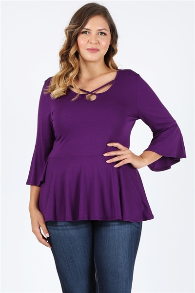 Plus Size Bell-Sleeves Top 4092-X-Eggplant-(6pc)
