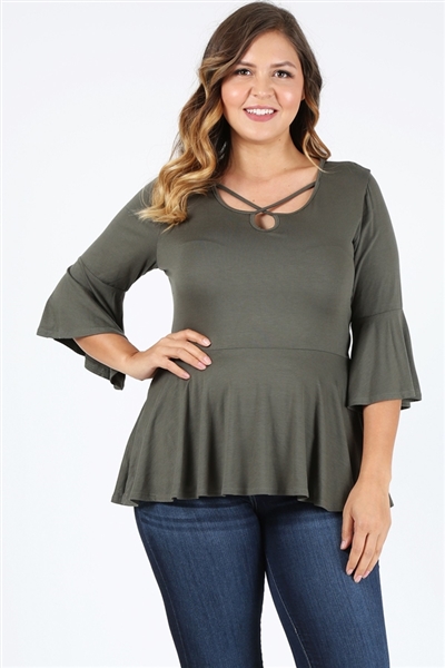 Plus Size Bell-Sleeves Top 4092-X-Olive-(6pc)