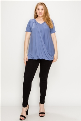 PLUS SIZE CROSS DRAPED V-NECK TOP 84052X-Denim-(6 PC)