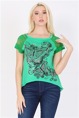 Lace Short Sleeve Butterfly Embellished Hi Low Top BSS-3014-Green (6 pc)