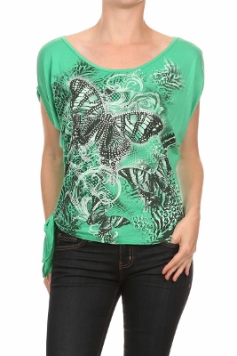 Graphic Printed Tied Side Top BSS-3016-GREEN (6 pc)
