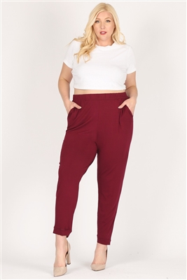 High Waist Plus size relaxed fit pants 87001X-Burgundy(6 PC)