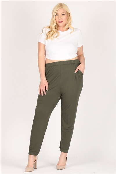 High Waist Plus size relaxed fit pants 87001X-Olive(6 PC)