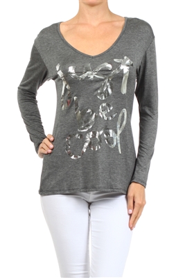 Wholesale V-neck Screen Printed Top PRR-8264-Charcoal