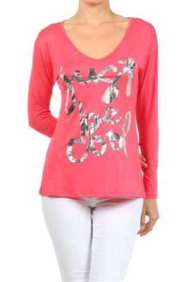 Wholesale V-neck Screen Printed Top PRR-8264-Coral
