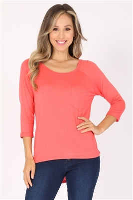 Long Sleeve Chest Pocket Hi Low Top PRR-8404-Coral