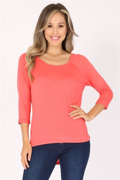 Long Sleeve Chest Pocket Hi Low Top PRR-8404-Coral