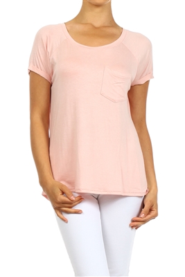 Wholesale Short Sleeve Chest Pocket Hi Low Top PRR-8405-Pink