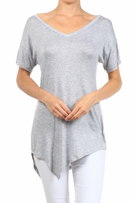 Wholesale V-neck Short Sleeve Asymmetrical Top-PRR-8489-Gray