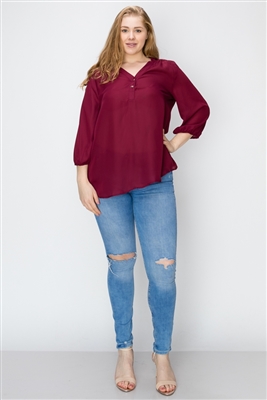 Wool Dobby Henley Plus Top WT817X-Burgundy-(6 PC)