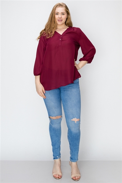 Wool Dobby Henley Plus Top WT817X-Burgundy-(6 PC)