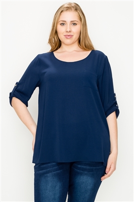 Plus size Koshibo roll-tabs Sleeves Top WT818X-Navy-(6 PC)