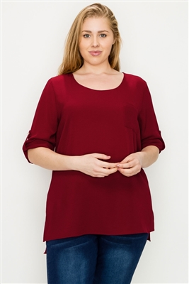 Plus size Koshibo roll-tabs Sleeves Top WT818X-burgundy-(6 PC)